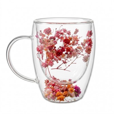  350 ML Çiçekli Çift Cidarlı Cam Kupa