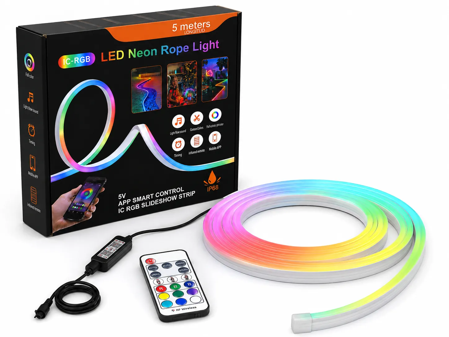  5V 5 Metre Usb Kitli IP65 IC-RGB Pixel Neon Şerit Led Bluetoothlu ve Uzaktan