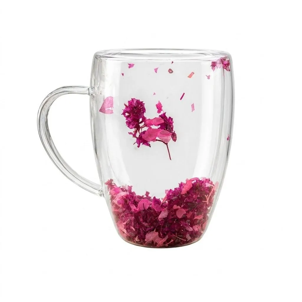 350 ML Çiçekli Çift Cidarlı Cam Kupa